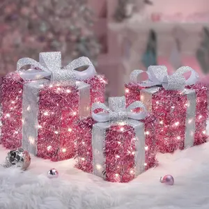 Lighted Gift Boxes, Pink Holiday Decorations Set of 3 Plug-in Light Up Present Boxes Christmas Decor Holiday Party Ornaments christmas decorations