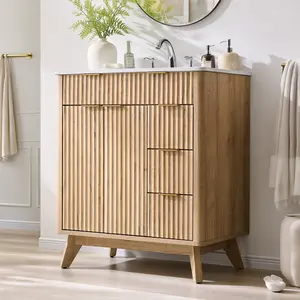 Modern bathroom vanity with sink included - open wood cabinet with 3 drawers & 2 storage cubbies; ceramic top with metal pulls