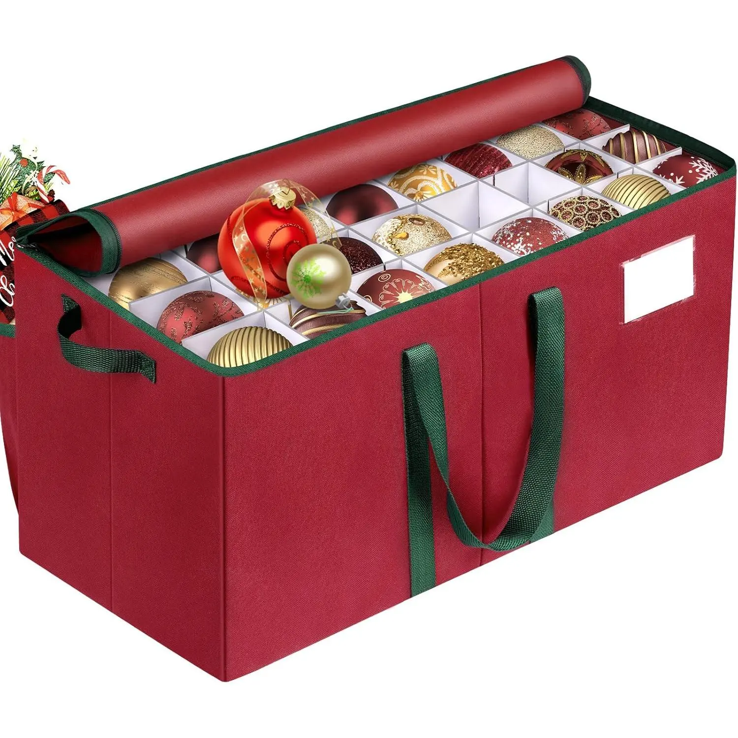 Red Christmas Ornament Storage Box - Durable Organizer Bin with Dual Zipper & Adjustable Design, Holds Up to 128 Holiday Ornaments for Festive Home Storage, No, Large, Store Holiday Ornaments