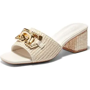 Coutgo Womens Raffia Slide Sandals Chunky Block Heeled Square Open Toe Metal Chain Slip on Mules Dressy Shoes