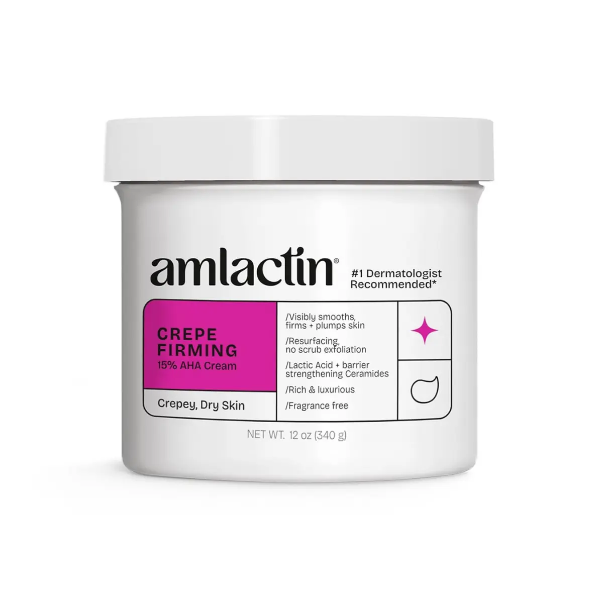 AmLactin Crepe Firming Body Care Moisturizer, 15% Lactic Acid AHA, 12 oz - Exfoliating, Radiance-Boosting Cream for Crepey Skin, Promotes Firmer Texture