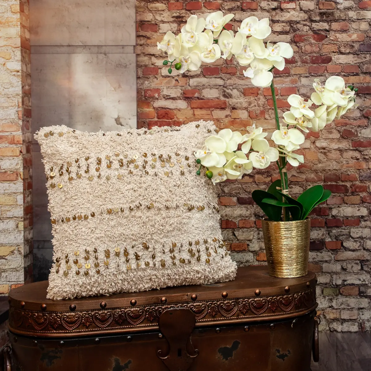 212 MAIN Parkland Acacia 100% Cotton Square Shape Transitional Throw Pillow - Indoor Use, Modern Boho Style, Shaggy Weave, Dangling Charm, Solid Back, Beige