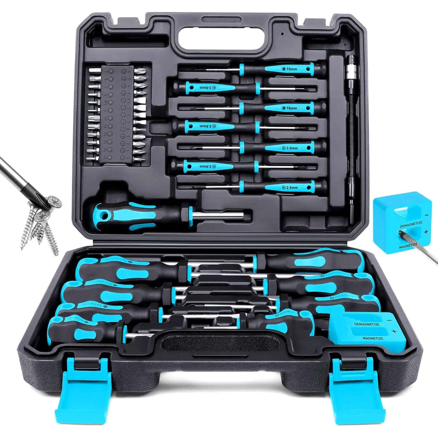 Bourvill 43Pcs Magnetic Screwdriver Set with Storage Case, Multi-Type Precision Screwdriver Bits Including Slotted, Phillips, Hex, Pozidriv & Torx, Magnetizer Demagnetizer Tool, Practical Hand Repair Tools for Men