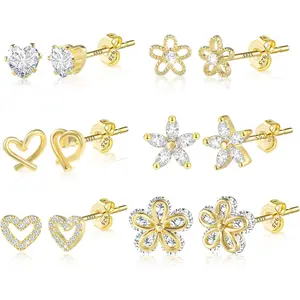 Small Gold Stud Earrings - 6 Pairs Cute Heart Studs for Women - Cubic Zirconia - Hypoallergenic - Pack