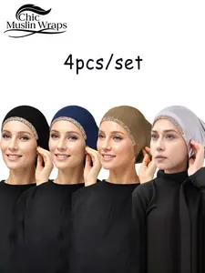 Women's Rhinestone Embellished Hijab Cap Set, Breathable Comfort Jersey Material, Fashionable Headwear for Daily Wear & Prayers