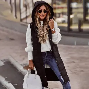 Women's Long Cotton Vest Quilted Hooded Buckle Zipper Vest Coat Single Color Winter Coat Top Fitted