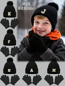 Solid Color Hat Gloves Set, Letter Knitted Cap Mittens Combo, Outdoor Warm Casual Ski Cycling, Washable, 3-8 Years