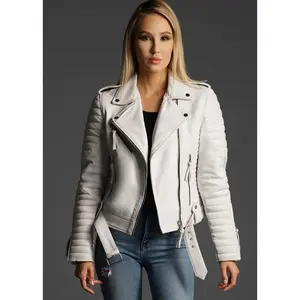 White Motorcycle Real Leather Jacket for Women - Size 4 - 18
