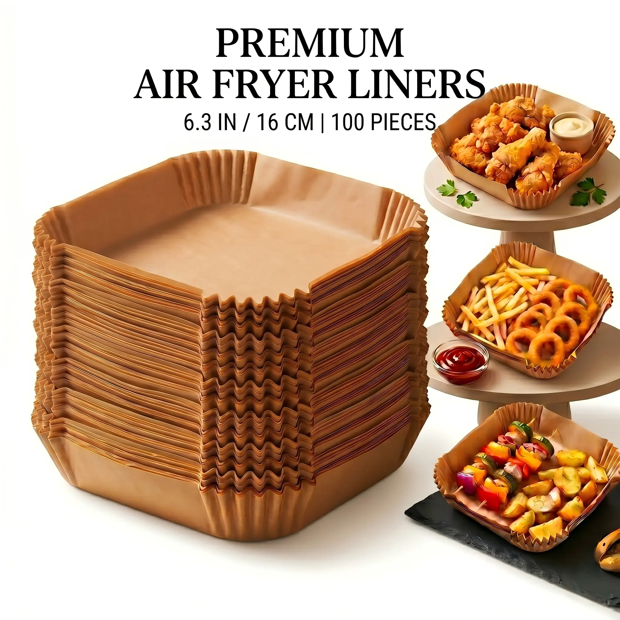 100pcs Disposable Nonstick Air Fryer Paper Trays - 6.3in/16cm Thick Square Silicone-Lined Parchments, Oil-Resistant Food-Safe Stackable Kitchenware Baking Supplies for 3-5 Qt Small Air Fryers & Ovens, Home Waterproof Bakeware Utensils