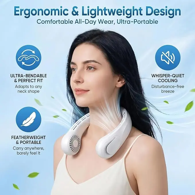 TREDY Neck Fan Portable Rechargeable,4000mAh Battery Operated Wearable PersonalFan, 5 Speeds Bladeless Cooling Fan, QuietHands-Free Fan for Travel, Outdoor, Office -White