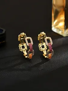 Elegant Copper Zirconia Geometric Chain Earrings, Luxury Fashion Ear Clips for Women, Perfect Valentine's Day Gift, Party Wear Accessories, Cubic Zirconia Gemstone
