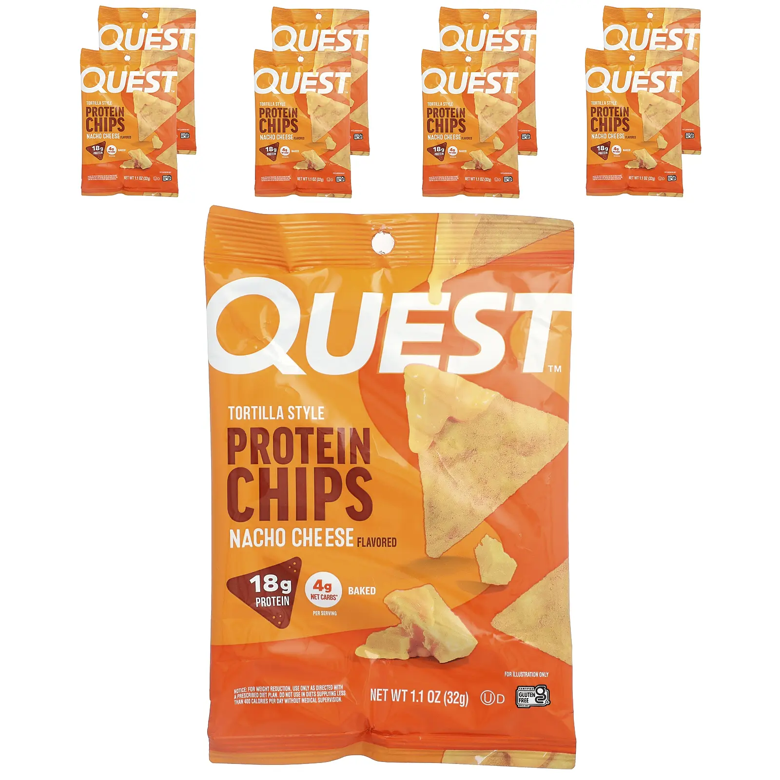 Quest Nutrition Tortilla Style Protein Chips, Nacho Cheese, 8 Bags, 1.1 oz (32 g ) Each