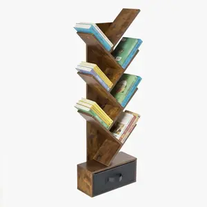 Narrow Corner Bookshelf with Drawer, 4/7/9 Tier Geometric Tree Bookcase – Rustic Brown, Angled Shelves Hold 15 lbs Each, Space-Saving Storage Unit for Small Spaces, Apartment, Dorm, Living Room