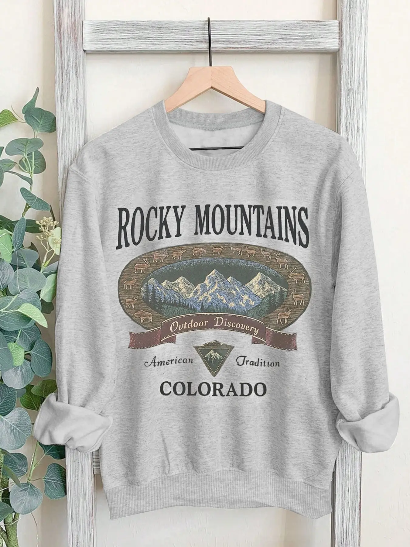 Women's Rocky Mountain Outdoor Print Round Neck Loose Casual Soft Sweatshirt, Womenswear, Cartoon Elements, Letter Pattern, Long Sleeve, Everyday Casual Fashion, Fall & Winter