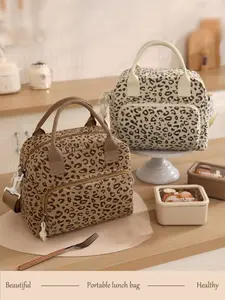 Stylish Leopard Print Square Tote Lunch Bag, High Quality Cherry Print & Star Pattern, Perfect for Office & School, Must-Have for Returning Students