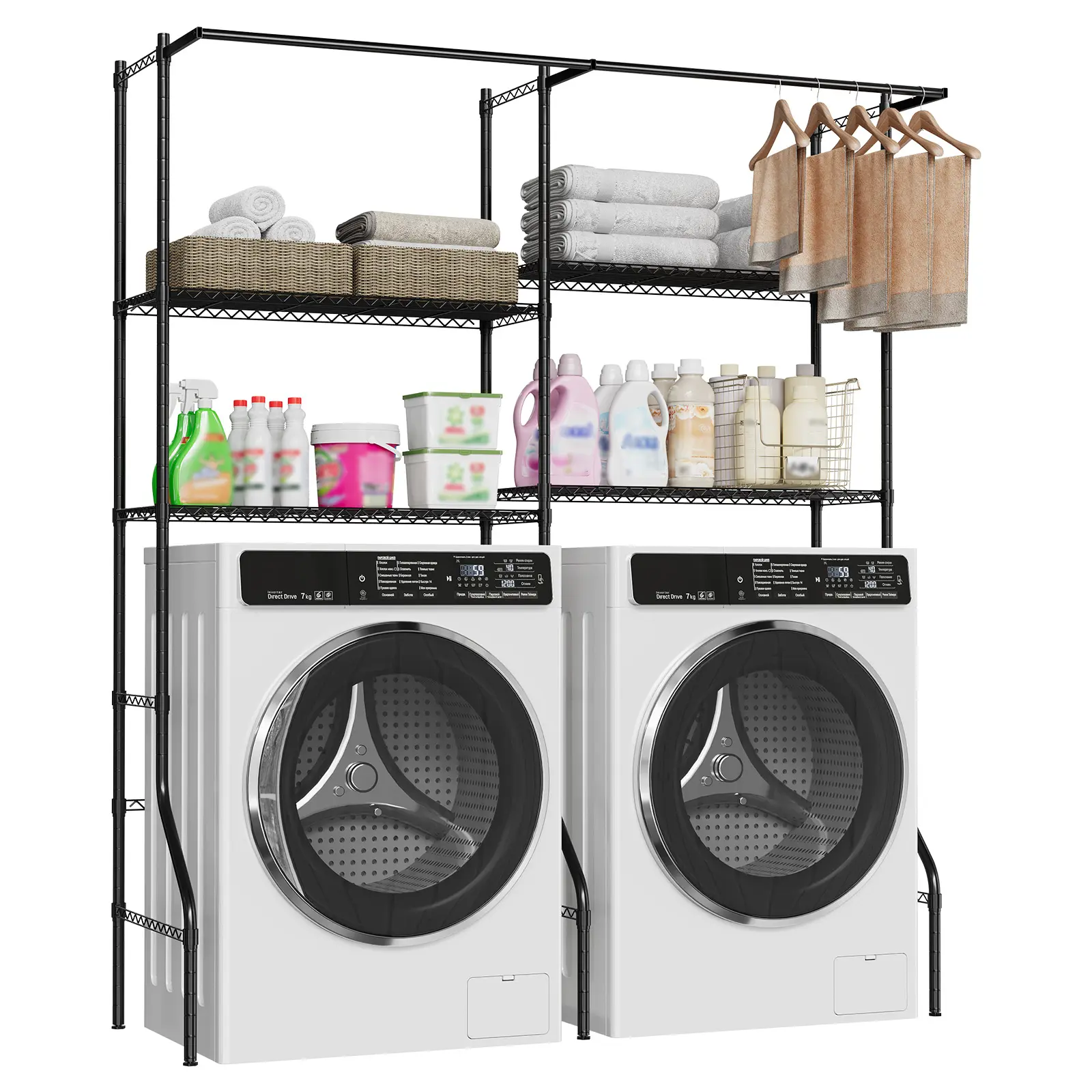 Garvee Space-Saving Over Washer & Dryer Laundry Rack - 4-Tier Adjustable Metal Organizer with Drying Rods, Hooks, Heavy Duty Anti-Rust Shelves - Freestanding Storage Solution for Laundry Room