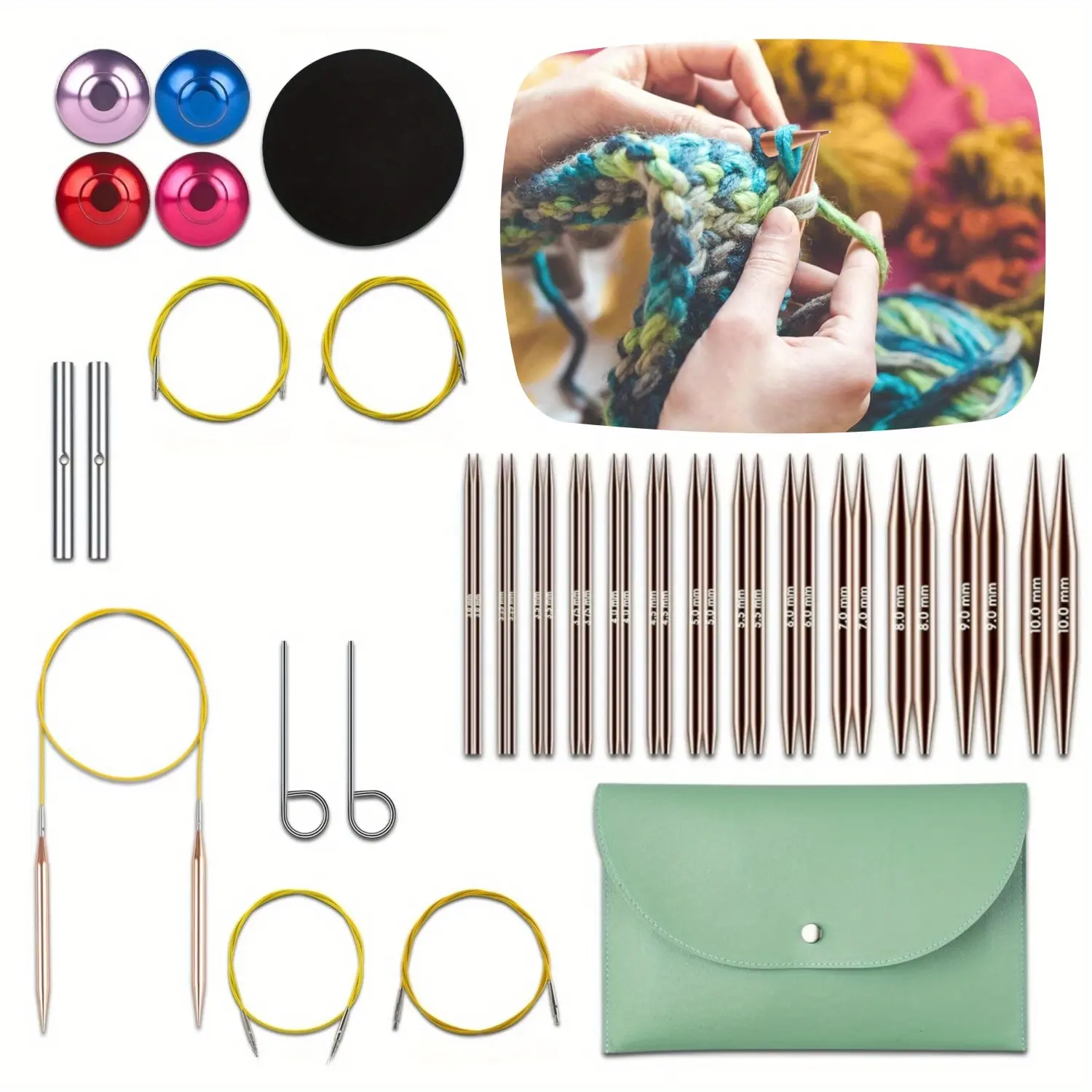 1 Set Interchangeable Circular Knitting Needles Kit,13 Sizes Aluminum Circular Knitting Kit,Flexible Cable Metal Weaving Hooks Craft Tools with Mint Green PU Leather Pouch,Fathersdaygift,Hand Tools Kits