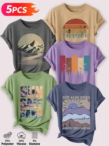 Women's 5Pcs Crew Neck T-Shirts, Vintage Mountain Sunset & Outdoor Series Print, Multiple Colors Available, Machine Washable, Spring & Summer Tops, Soft Skin-Friendly Fabric, Casual, Daily Versatile, Fashion Design