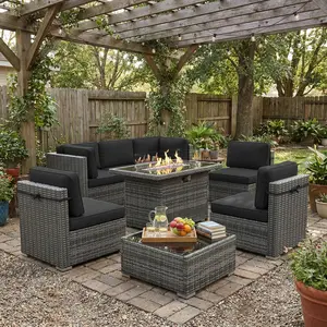 LayinSun 8 Piece Patio Furniture Set with 44" Propane Gas Fire Pit Table, Outdoor Sectional Conversation Set Wicker Rattan Sofa Set with Coffee Table