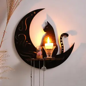 Moon & Cat & Geometric Design Wall Mounted Storage Rack, Wooden Wall Hanging Display Rack, Wall Decor Storage Holder for Home Living Room Bedroom, Wall Mounted Shelf