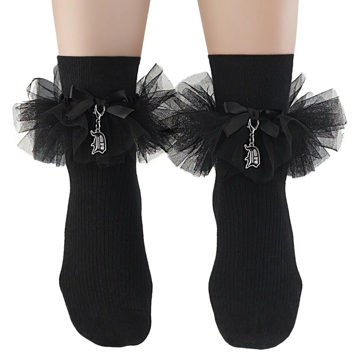 Demonia Women's Ruffle "D" Charm Socks, Black Cotton-Nylon Blend, Fits Most Women Demonia Women's Ruffle "D" Charm Socks, Black Cotton-Nylon Blend, Fits Most Women