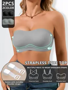 Women's Strapless Bralette Set of 2, Back Buckle Design, High Stretch Seamless Fabric, Medium Support, All Seasons Essential Everyday Lingerie
