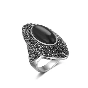 Mytys Retro Vintage Antique Silver Big Black Onyx Stone Ring with Black Marcasite & Crystal Elegant Cocktail Statement Jewelry for Women