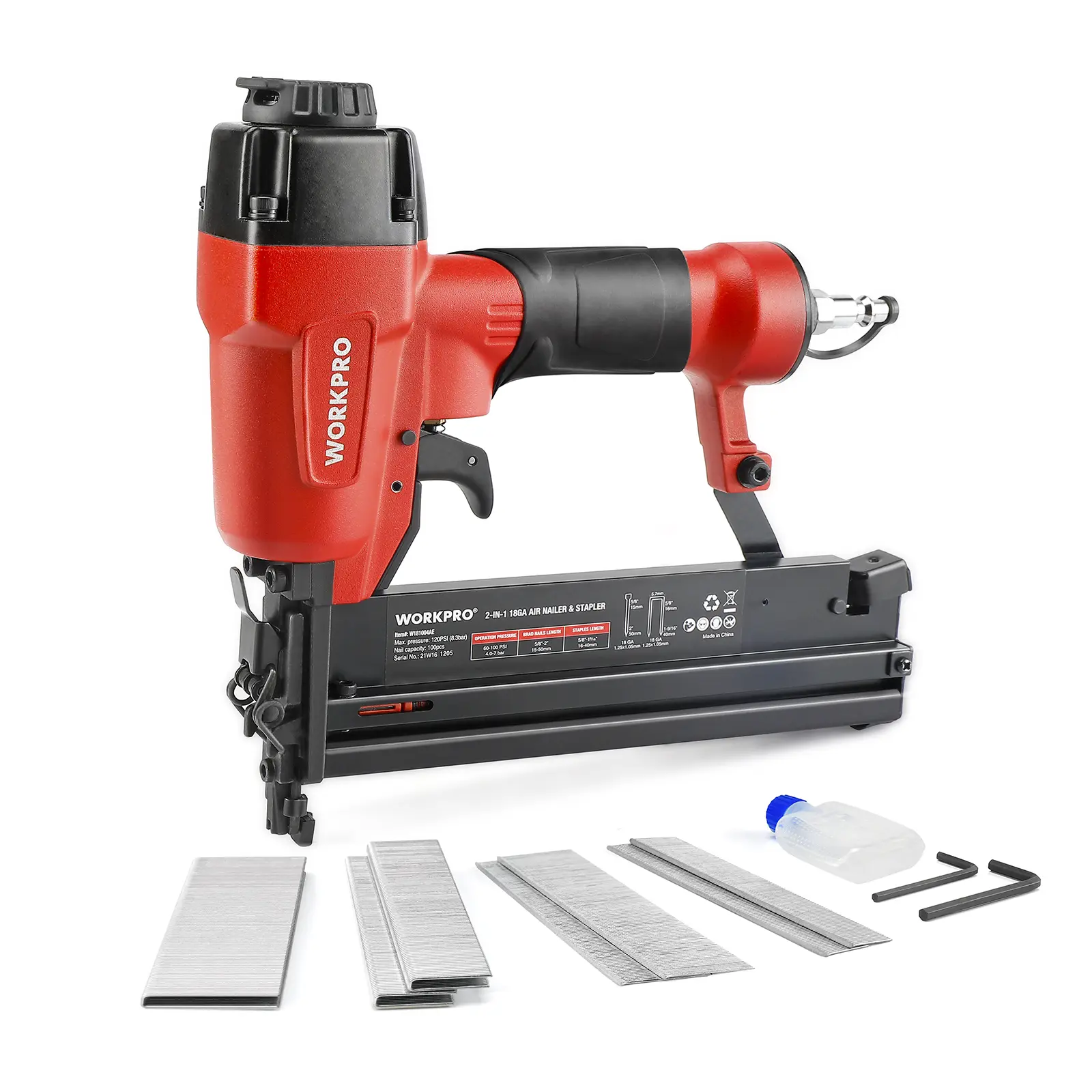 #summersale WORKPRO Pneumatic Brad Nailer, 18 GA, 2 in 1 Nail Gun and Crown Stapler, with 400packs Nails/ 300packs Staples, for Carpentry, DIY Project, Woodworking