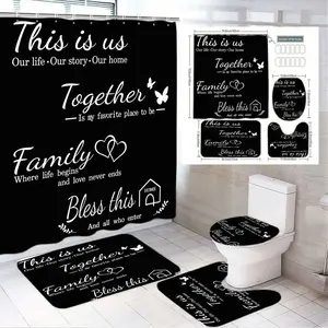 1/4pcs Black & White Family Bathroom Set, Home Goods - Shower Curtain (With ‘This is us...Together’ Phrases) + 3 Matching Floor Mats & Toilet Seat Cover - Butterflies House Icon - Home Decor, Bathroom Decoration Accessories