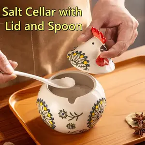 Ceramic Salt Cellar with Lid and Spoon 13 OZ Large Chicken Salt Jar for Counter Coffee Sugar Spices Candies Green Vibrant Floral Patterns Easy to Clean 400ml Capacity