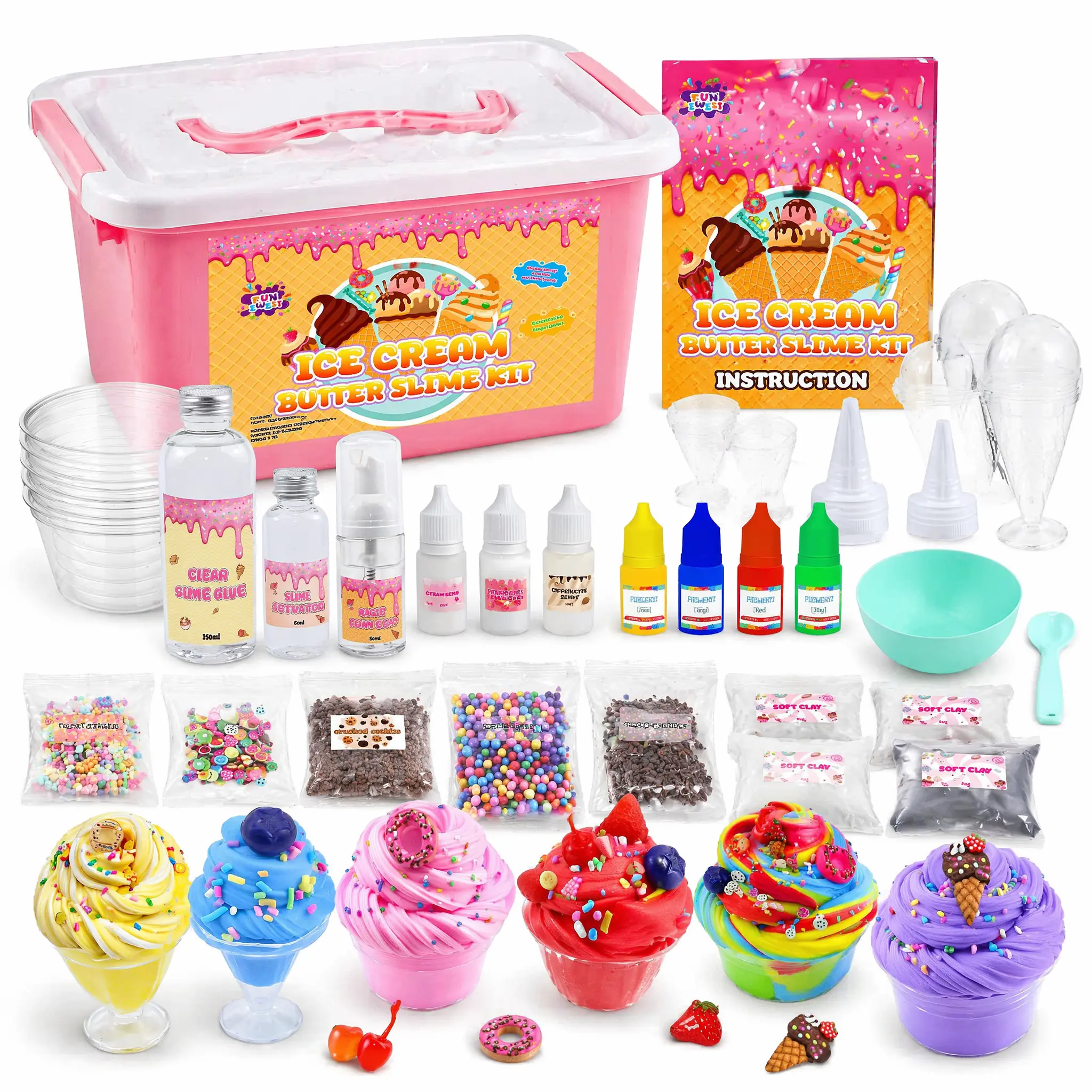 FUNEWEST Ice Cream Slime Kit for Kids 8-12 – 30+ PCS DIY Creative Craft Set | Squishy Non-Sticky Sensory Toys | Stress Relief Birthday Gift for Girls