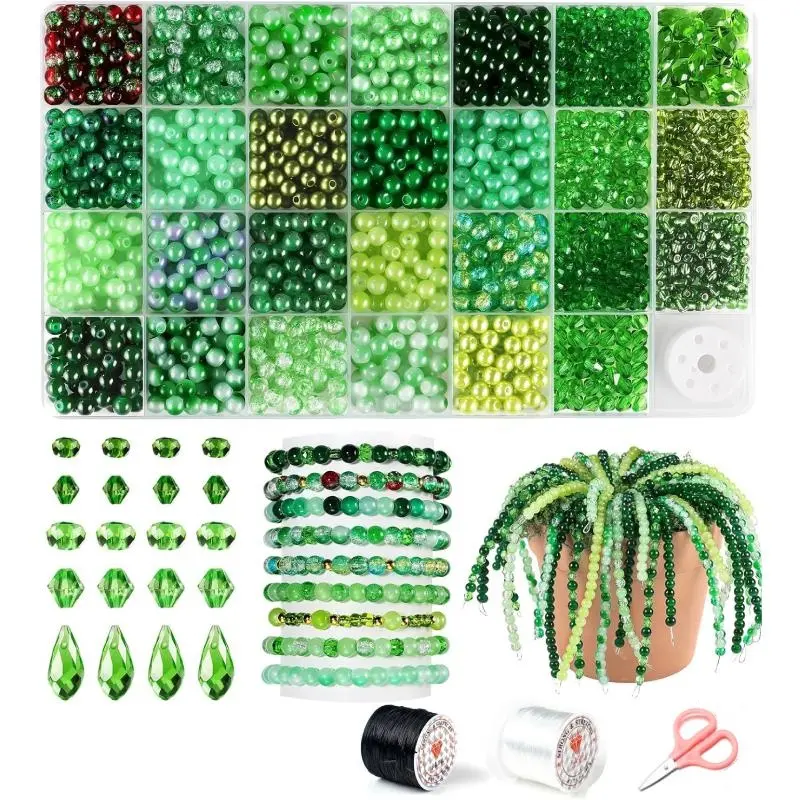 1600pcs Green Glass Beads for Bracelets with 1pc Small Scissors and 2pcs Elastic Rope, 6mm Crystal Beads for Jewelry Making Beaded Plants, Round Glass Beads with Faceted Bead Seed Beads for DIY Plant Making Crafts Earrings Necklace