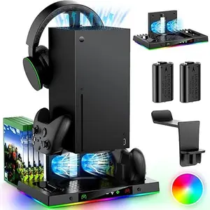 MENEEEA Upgrade Cooling Fan&Dual Charging Stand for Xbox Series X Console&Controller,Cooler Charger Station System for XSX with 15 RGB Light, 2x1400mAh Rechargeable Battery,Disc Accessories Storage (Black) box controller boutique switch v4Wearable