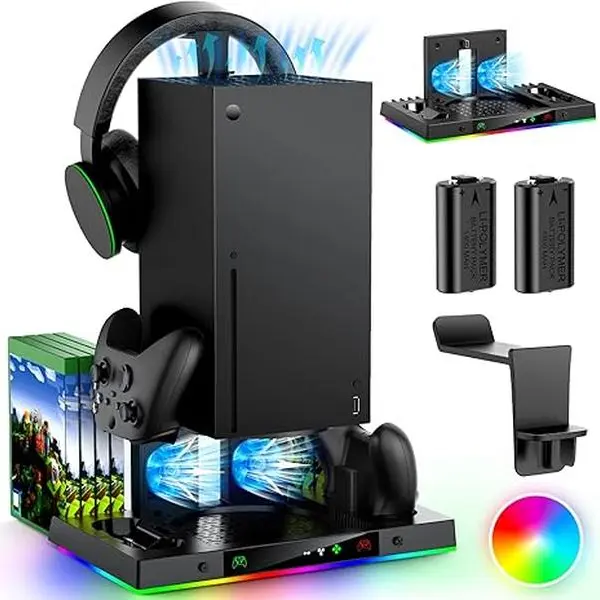 MENEEA Minimalist Upgraded Cooling Fan & Dual Fan+Charge Stand for Xbox Series X (XSX) Console & Controller - 15 RGB Lights, 2x1400mAh Rechargeable Batteries, Disc Storage, Metal Base, Overheat Protection, USB Ports, Save Favorite Light Mode (Black)