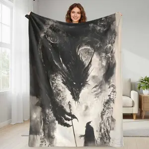 Epic Dragon Confrontation Flannel Blanket  Dark Fantasy Ink Art Print  Soft Cozy Warm Durable  Perfect for Bedroom Decor  Living Room Accent  Gaming Space  Reading Nook  Halloween Atmosphere