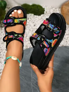 Ethnic Embroidered Thick Sole Sandals, Adjustable Buckle Design, Lightweight Comfortable Summer Shoes, Perfect for Casual