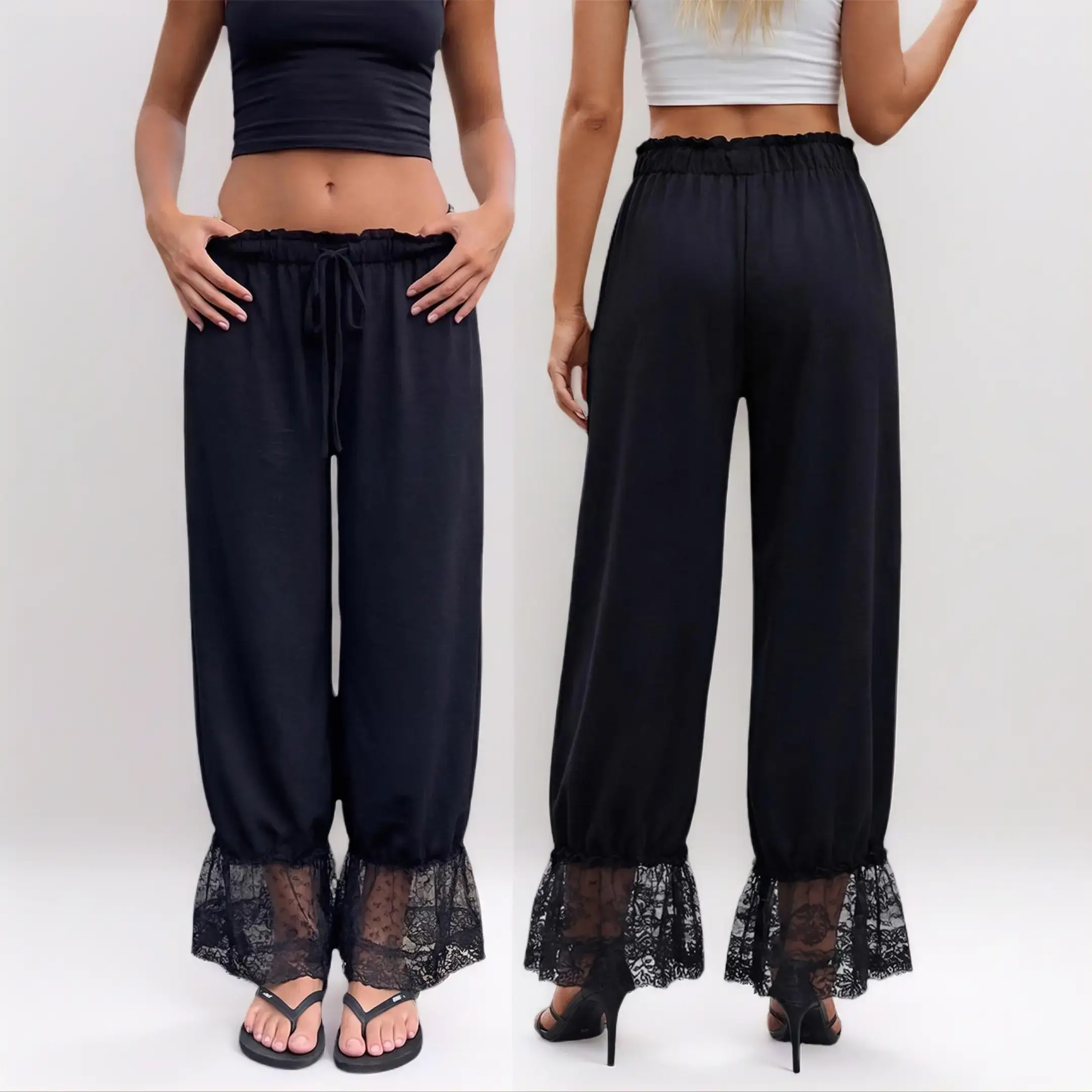 Women Lace Trim Long Bloomer Elastic Waist Ruffle Hem Cropped Pettipants Loose Comfy Capri Lounge Pantaloons