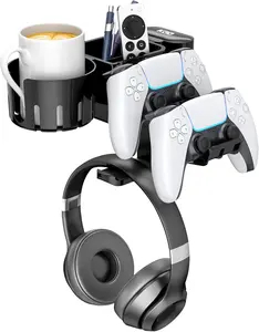 KDD 5 in 1 Desk Controller Holder - Rotating Headphone Hanger with Cup Holder - Clamp On Desk Organizer Holds Controller, Headphone, Cup, Mobile Phone and Pen(Black)