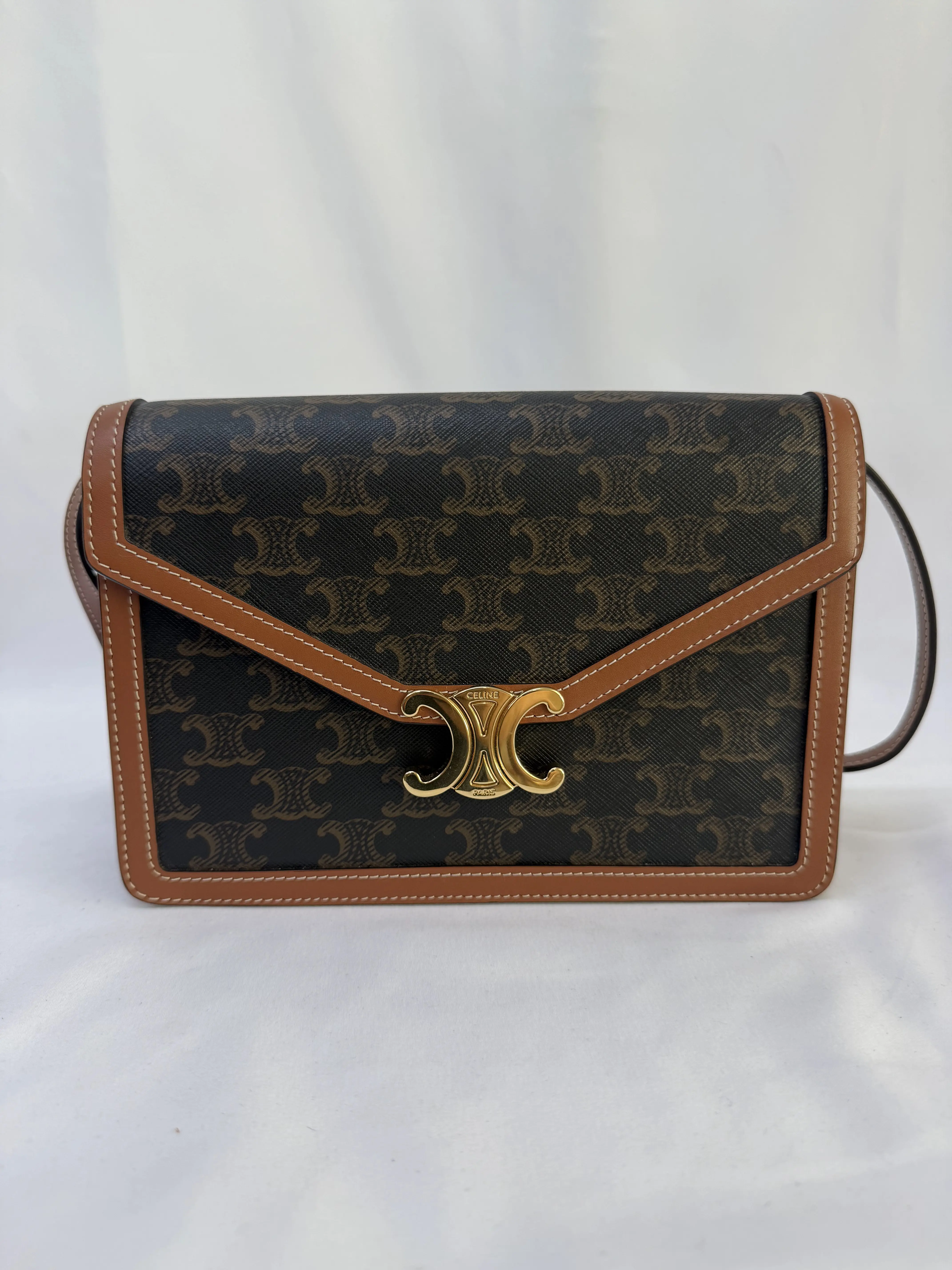 Pre-owned Celine Triomphe Medium Shoulder Bag, Triomphe Canvas with Natural Calfskin Trim & Gold Hardware