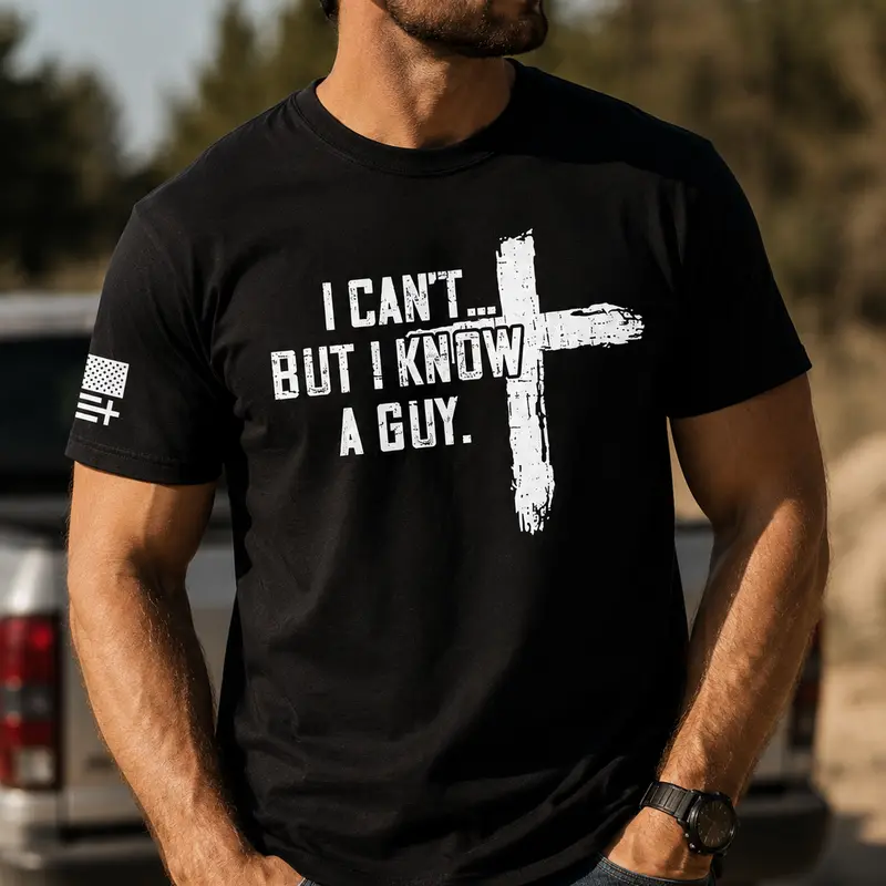 TRENZ SHIRT COMPANY Men's Christian Cotton-Polyester Short-Sleeve Tshirt - "I Can't But I Know A Guy" Cross Biblical Print, Faith-Based Fashion, Bible Verse Graphic Casual Top, Christian Clothing, Men's Graphic Tees