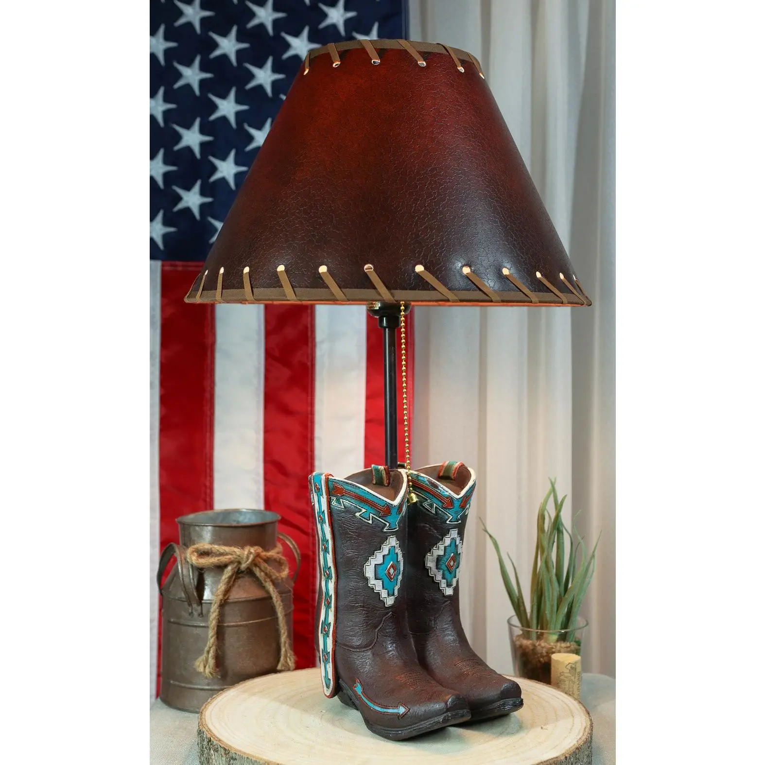 Western Aztec Tribal Pattern Polyresin Cowgirl-Cowboy Boots Table Lamp with Fringed Lampshade, Decorative Home Decor Statue with Fringes