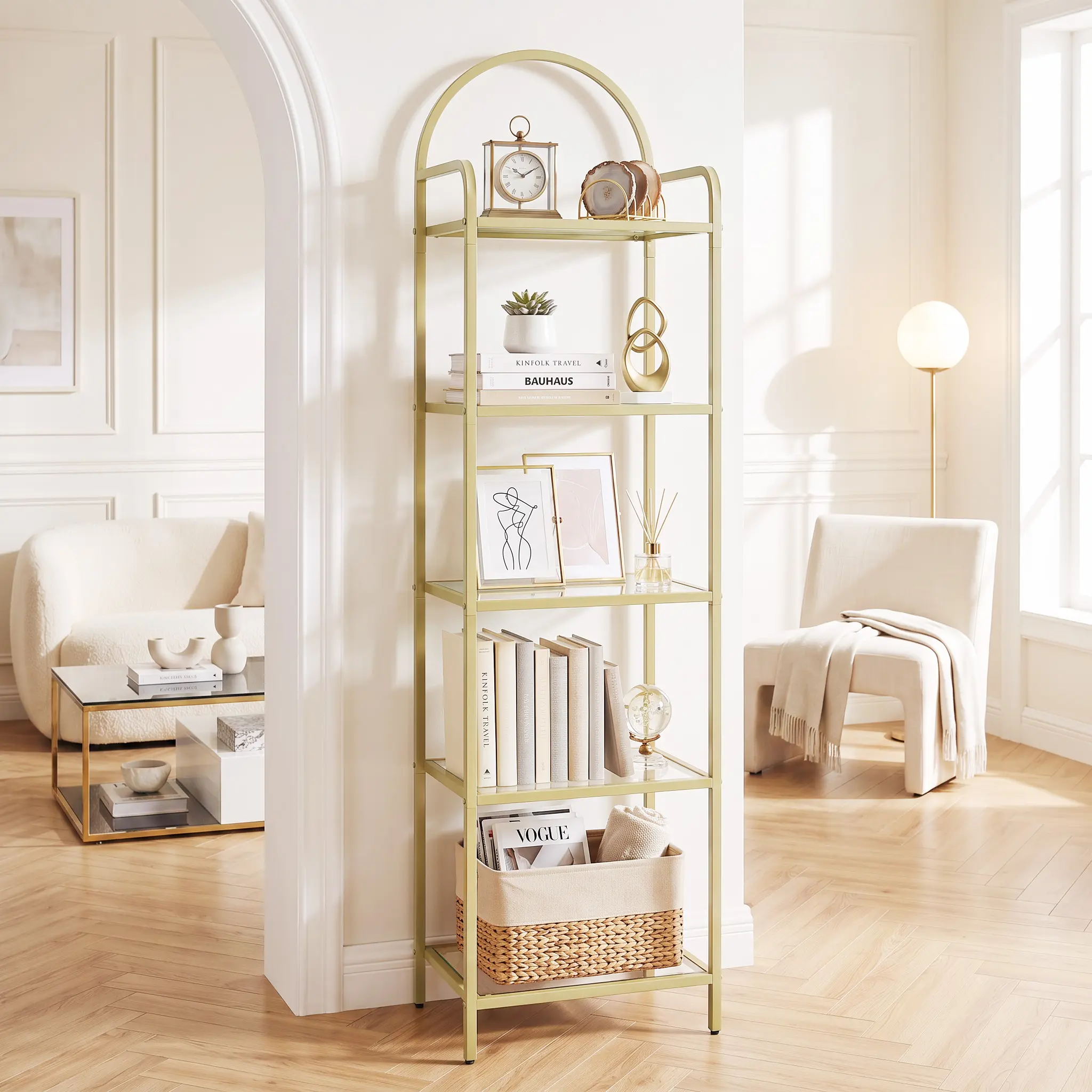 【Multiple Size Options】Hzuaneri Bookcase Bookshelf, Tempered Glass Bookshelves, Slim Shelving Unit for Bedroom, Bathroom, Home Office, Steel Frame