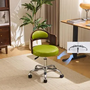 VINGLI Armless Home Office Desk Chair, Adjustable Swivel Chair,Dual-Use with/no Wheels,Small Retro Designed Walnut Curved Task Chair,Cushioned Nail Tech Chair for Study Area,Workspace,PU