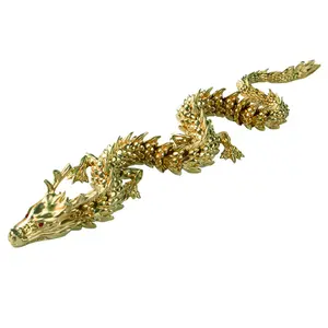 3D Printed Chinese Dragon Figurine Movable Joints Golden Loong Figure Articulated Dragon Model Fidget Toy Desktop Decoration Ornament Metal Resin 22.5cm