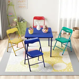 Homy Casa Page Foldable Kids Table and Chairs Set 5-Piece - Blue Table & Colorful Chairs for Arts Crafts Snacks Learning Daycare Preschool Furniture Easy Clean TikTok Popular Dining Wood