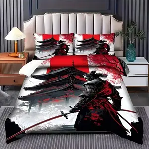 Japanese Samurai Print Bedding Set, Soft Comfortable Fabric, Zipper Design, 3 Piece (1 Fitted Sheet + 2 Pillowcases), Complete Set, Bedroom Decor