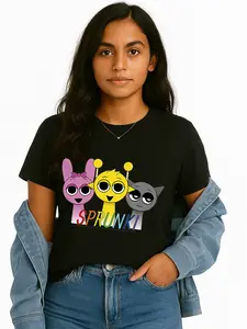 Sprunki Women's Playful Cartoon Graphic Tee - Black Cotton Top with Colorful Characters, Casual Short Sleeve T-Shirt, Lightweight Polyester Fabric, Perfect for Summer Outings, Cute Shirts
