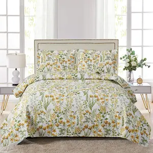 Floral Sets Full/Queen Size Reversible Countryside Bedspread Coverlets Lightweight Yellow Flower Bedding Green Leaves Bed Covers Soft,1 +2 Pillow Shams