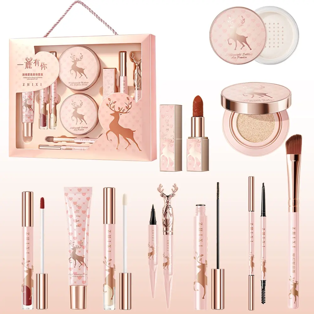 10-Piece Deer Themed Makeup Set, All-in-One Beauty Kit, Cosmetic Set with Lipstick, Eyeshadow, Foundation, Brushes, Ideal for Valentine's & Gift Giving