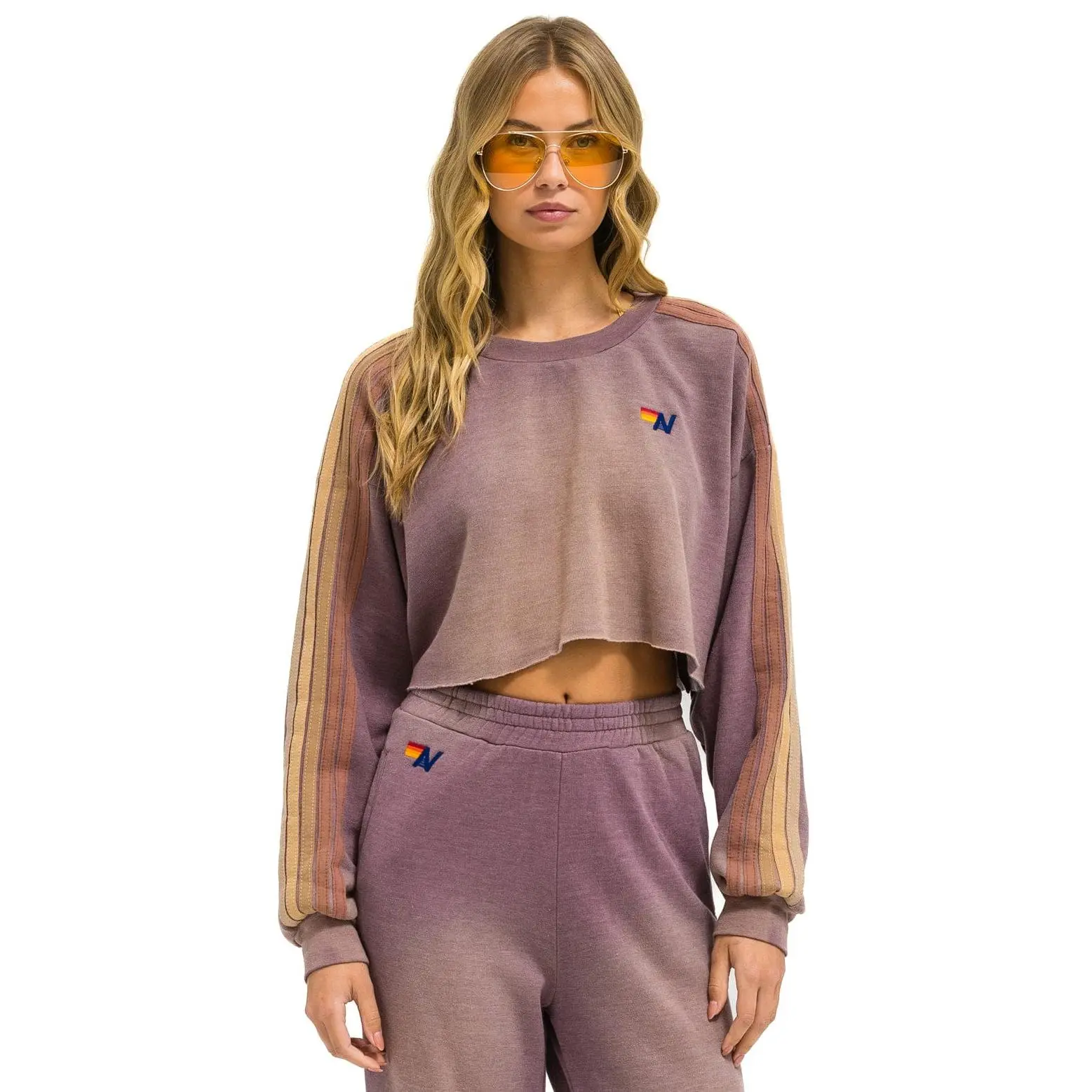 CLASSIC STRIPE CROPPED CREW SWEATSHIRT RELAXED - FADED MOCHA